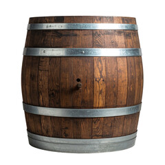Obraz premium Oak barrel with metal bands, richly textured wood against a stark black background