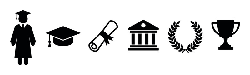 Plakat Set of black graduation icons including a graduate, mortarboard cap, diploma scroll, university building, laurel wreath, and trophy cup in a simple graphic style