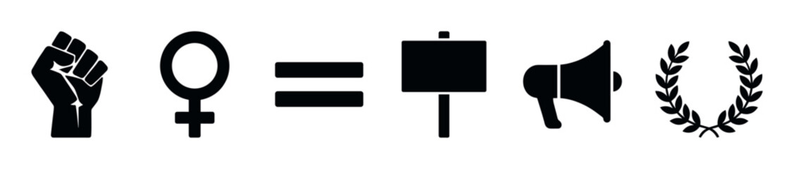 Obraz premium Set of black social justice icons representing protest, feminism, and equality, featuring a raised fist, female symbol, placard, megaphone, and laurel wreath in a minimalist style