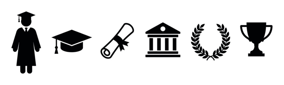 Set of black graduation icons including a graduate, mortarboard cap, diploma scroll, university building, laurel wreath, and trophy cup in a simple graphic style