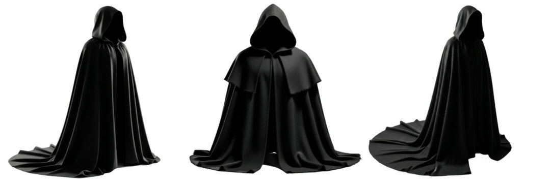 Set of black hooded cloaks and dark fantasy robes transparent background png