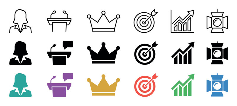 Business success and leadership icon set showing a speaker, podium, crown, target, growth chart, and spotlight in outline, solid black glyph, and colorful flat styles