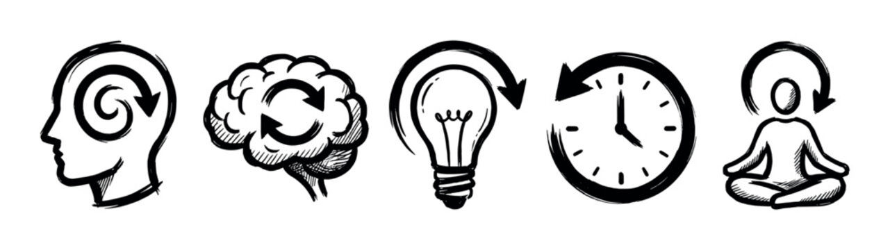 Set of hand-drawn mental health icons including a brain, lightbulb, clock, and meditating person, all rendered in a simple black ink sketch style