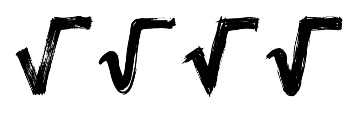 Four black hand-drawn square root symbols in a grunge brushstroke style, showcasing a collection of mathematical icons for algebra and arithmetic education concepts