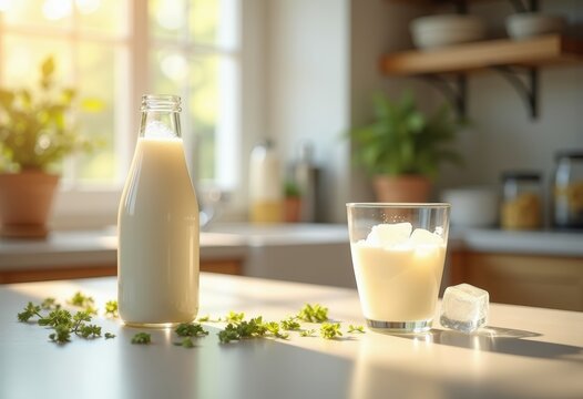 Kefir Probiotic Milk Bottle Kitchen Counter Clean Health Beverage Nutrient Drink Fermented