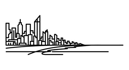 Naklejka premium Minimalist Skyline Cityscape Line Art - Modern Urban Architecture and Coastal View
