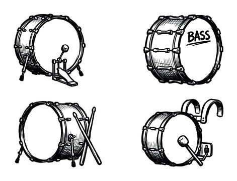 Set of four hand-drawn bass drum illustrations in a black ink sketch style, showing variations with a kick pedal, drumsticks, and a marching harness with a mallet