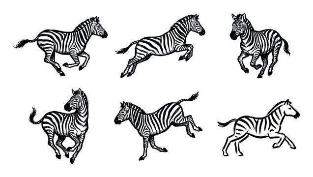 Set of six hand-drawn zebras in various dynamic running and jumping poses, depicted in a bold black and white graphic ink sketch illustration style for a wildlife concept