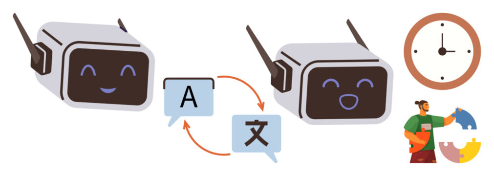 Language learning, AI communication, multilingual technology, global interaction, translation tools, time management. Two AI robots with translated text icons and clocks. Language learning and AI