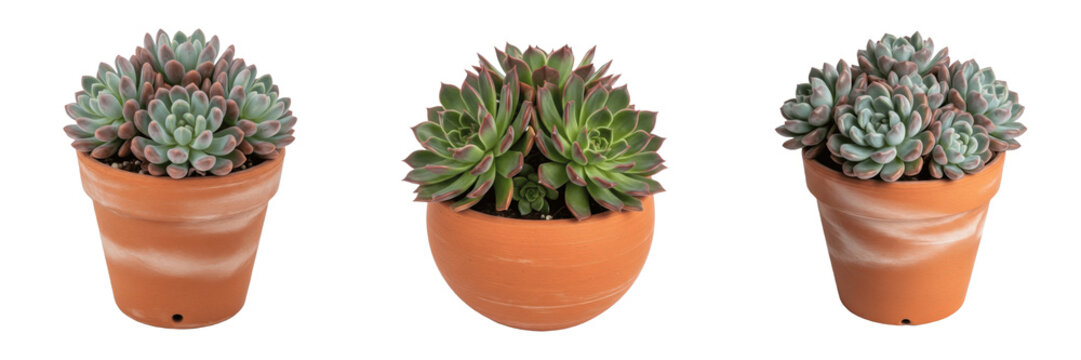 Set of small succulent echeveria plants in terracotta clay pots transparent background png