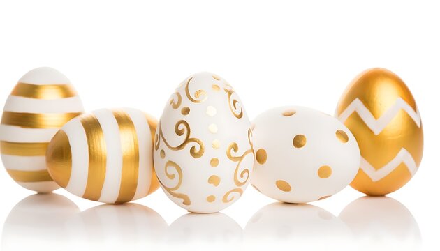 Decorative white easter eggs with elegant gold designs, perfect for easterthemed designs, celebrations, spring events, and holiday decorations.