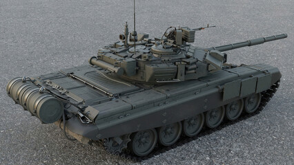 Modern main battle tank military vehicle with armored turret and cannon. Heavy armored combat vehicle concept representing defense technology and military power. © Alexuans
