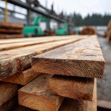Freshly cut lumber stacked in industrial lumberyard