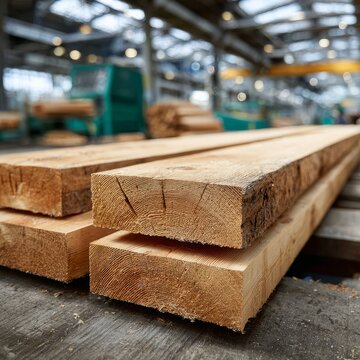 Stack of wooden planks in industrial lumber warehouse