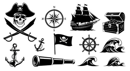 Obraz premium Pirate Adventure Silhouette Icon Set Skull Ship Treasure Vector Isolated on White