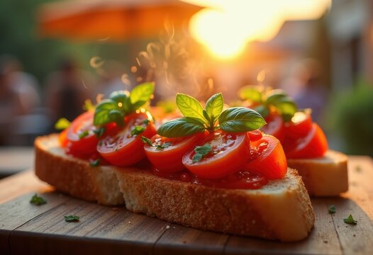 Bright Tomato Basil Garlic Bruschetta on Artisan Bread Selection Crispy Rustic Treat
