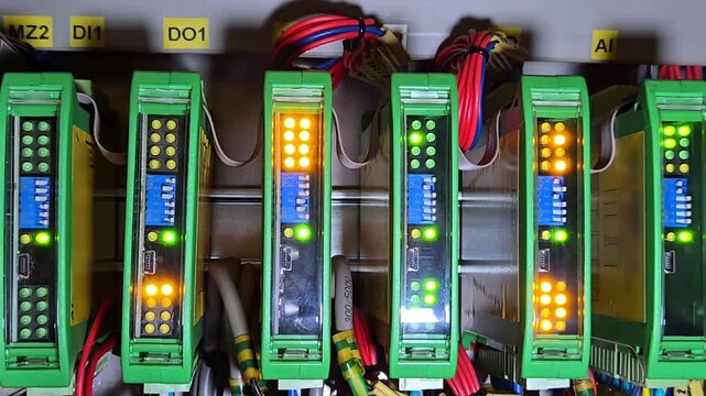 Close-up of automated modular control system in a smart factory. Green and orange LED lights indicate data processing and hardware status. 
