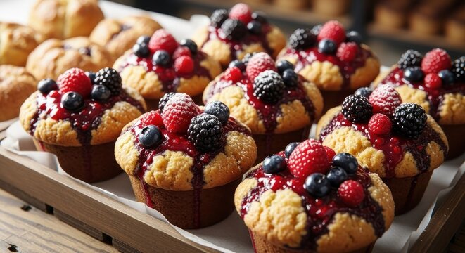 Assorted Berry Muffins on Wooden Tray.