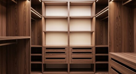 Empty modern walk-in closet with wooden shelves and drawers organized storage space for clothing interior design concept