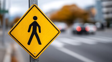 Pedestrian crossing sign on urban street with motion blur background