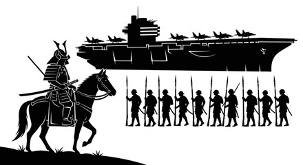 Obraz premium Samurai Warrior on Horseback with Aircraft Carrier and Soldiers Silhouette