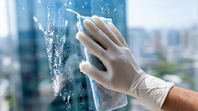 Gloved hand cleaning highrise windows with soap and squeegee motion