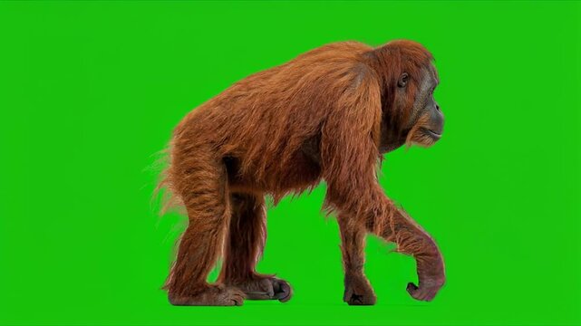 sumatran orangutan walking slow isolated on green background