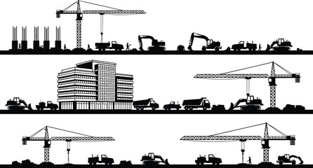 Heavy construction site silhouette set featuring tower cranes excavators dump trucks and building structures for urban development civil engineering and industrial project design © MOHOSIN