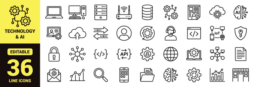 Technology and AI icon set with cloud computing, cybersecurity, coding, data science, networking, automation, and high‑ranking digital innovation elements in clean modern line‑art vector style