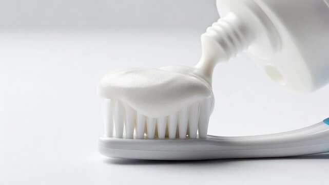 Squeezing white toothpaste from a tube onto a toothbrush isolated on a white background for oral hygiene and dental care