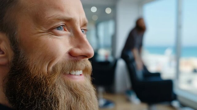 Bearded man smiling and relaxing by panoramic window overlooking scenic ocean view