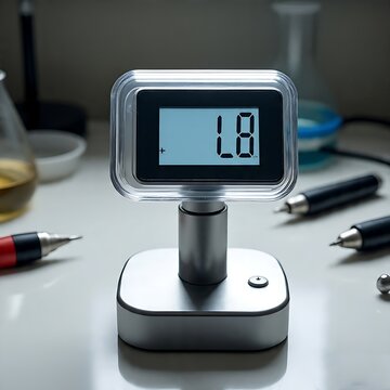 Close up of a digital meter with a clear protective casing on a metallic stand displaying 'l8' surrounded by laboratory equipment such as flasks beakers and pens suggesting scientific research