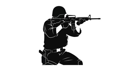 Silhouette of a soldier aiming a rifle, tactical gear, military action, combat pose