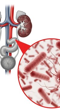 E coli bacteria in urinary tract infection uti concept with magnified view of rod shaped germs causing kidney infection isolated on white background