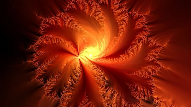 Abstract fire fractal slowly rotating in a hypnotic spiral of infernal flames and glowing embers on a black background