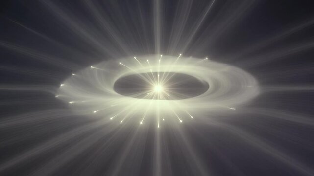 Abstract galactic vortex animation showing a starburst of light rays forming a cosmic spiral and swirling celestial energy