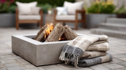 Cozy outdoor fire pit with warm blankets on patio