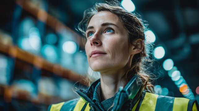 A woman in a warehouse wearing a safety vest and looking up thoughtfully