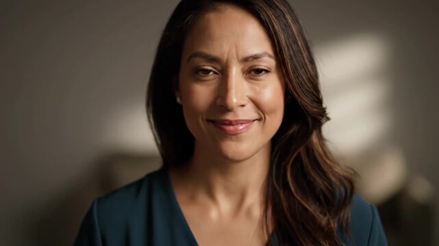 A warm, inviting portrait of a smiling woman exudes confidence and approachability, perfect for illustrating success, leadership, and relatable human 