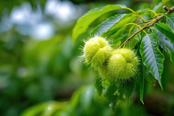 Close up View of Chestnuts Growing in a Garden With Bright Green Leaves