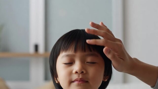 Mother gently stroking her child's head, showing parental love, care, and family affection in a touching close up view