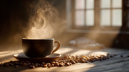 Steam rises from a warm coffee cup