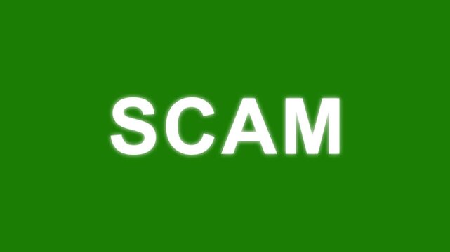 scam text with glitch effects on a black background.