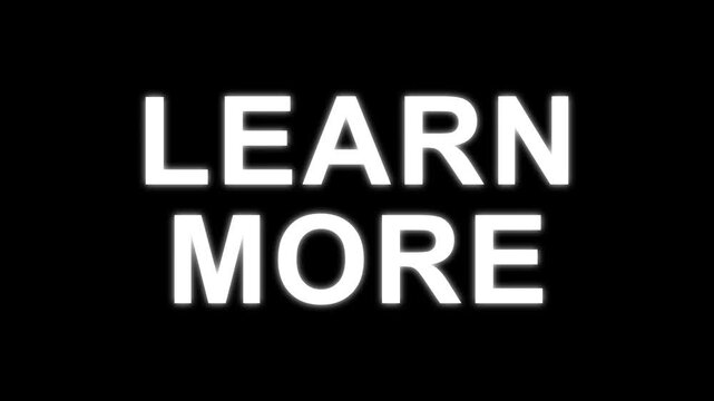 learn more text with glitch effects on a black background.