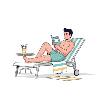 Man Relaxing on Beach Chair Reading Book with Drink and Towel