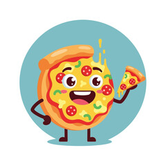Fototapeta premium Happy Pizza Character Holding a Slice, Funny Food Mascot, Cartoon Style