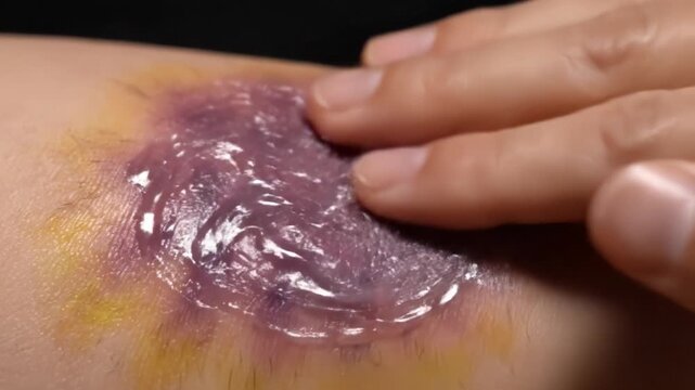 A hand applies purple medicinal gel to a large hematoma on human skin. The bruise shows purple and yellow discoloration. Ideal for medical treatment or first aid concepts.