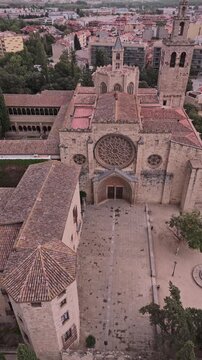Aerial view flying over sant cugat del valles monastery
