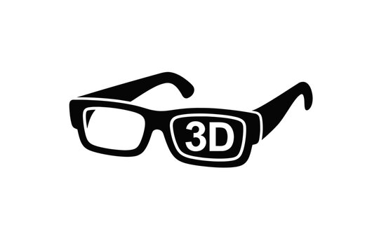 Minimalist black 3D glasses icon on a clean white background, featuring prominent '3D' text on the right lens. This sleek vector graphic is perfect for movie theaters, immersive entertainment, virtual