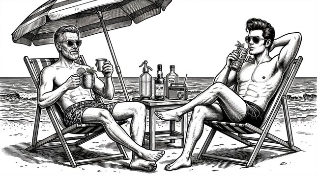 Two Men Relaxing in Beach Chairs with Cocktails Under Umbrella, Retro Summer Scene, Sketch Engraving Raster Illustration, Generative AI